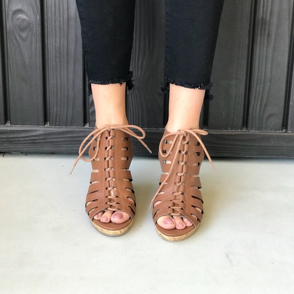 Cognac LaceUp Laser Cut Cork Platform Wedge Sandal - Picture 5 of 8